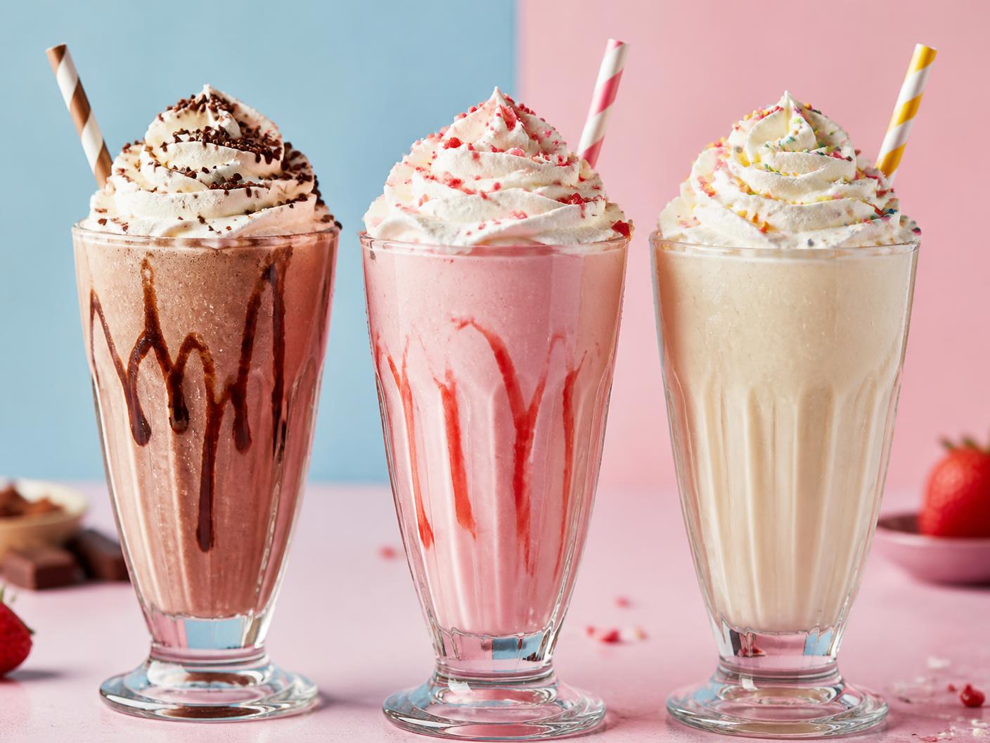 Tre milkshakes med grädde och strössel