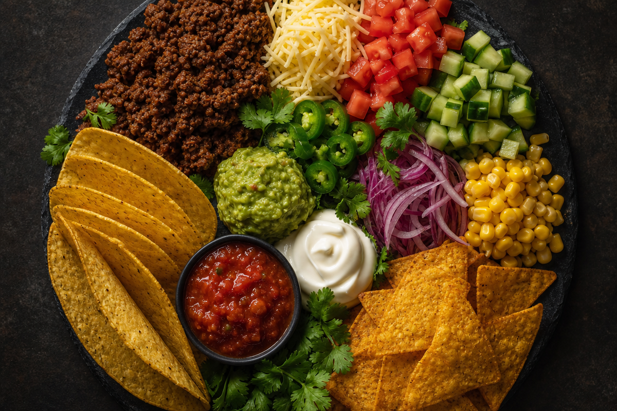Tacotallrik med nachos, köttfärs, salsa, guacamole och grönsaker